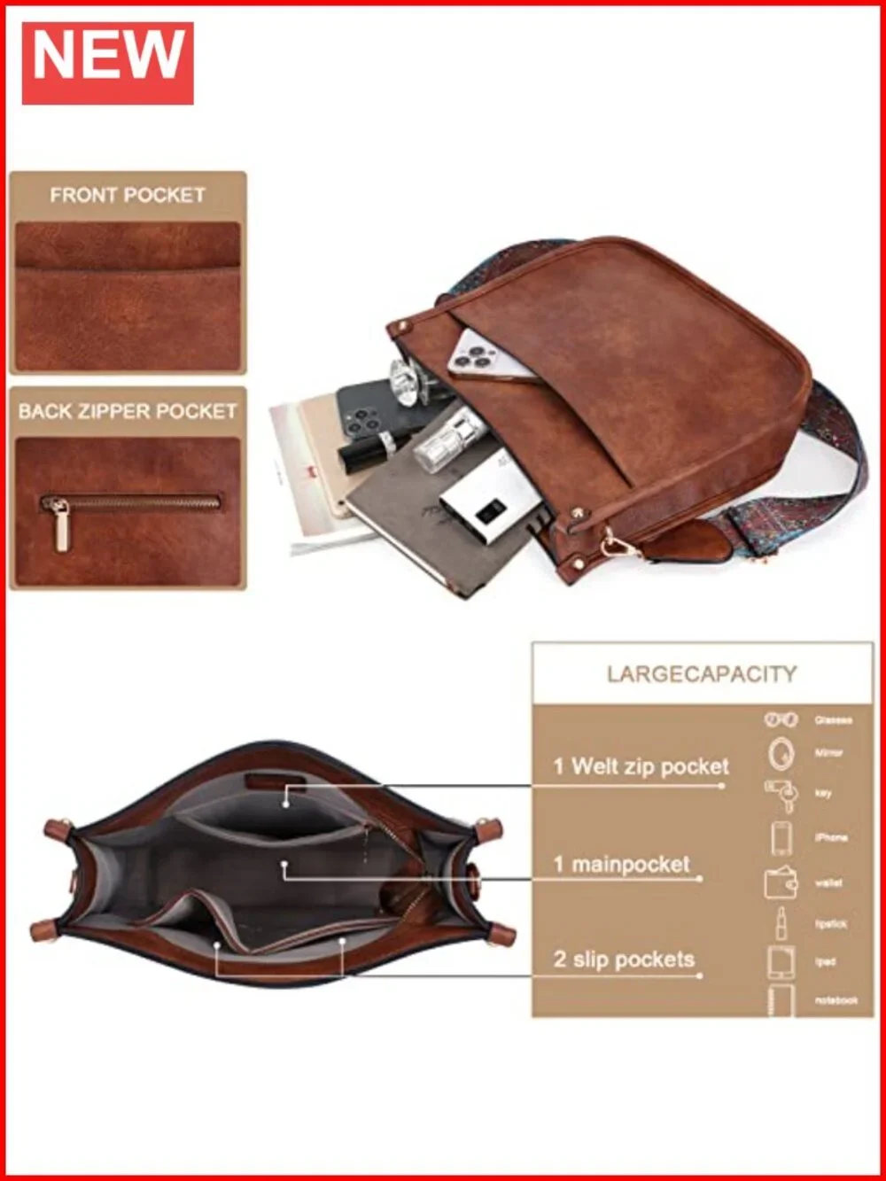 Vegan Leather Hobo Crossbody Bag with 2 Adjustable Guitar Straps